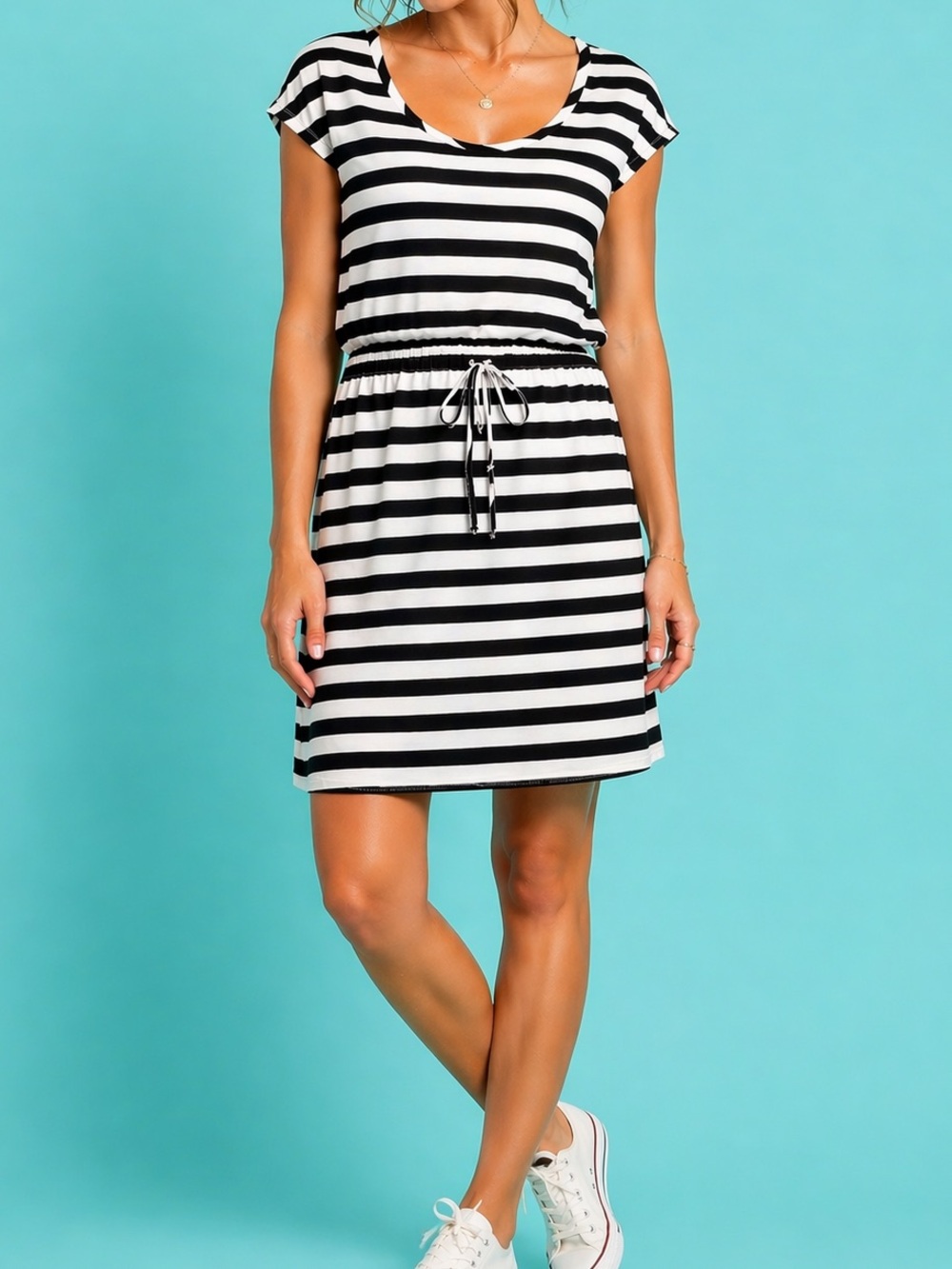 Old Navy Black White Striped Dress L Cinch Waist Casual Soft Knit